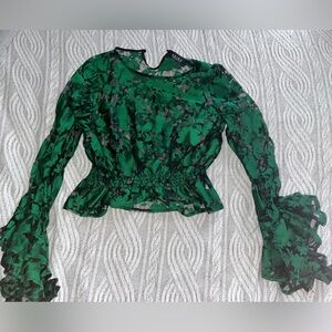 M AKIRA Emerald Green Floral Bell Long Sleeve Lace Blouse